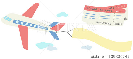 飛行機とバナー空中看板とチケット、かわいいシンプルな手描きイラスト 109880247