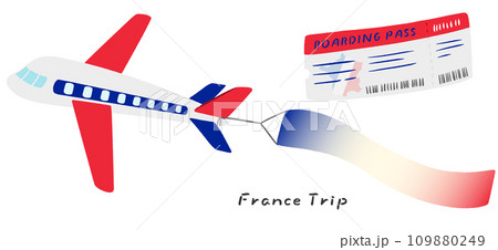 フランスをイメージした飛行機と空中看板とチケット、かわいいシンプルな手描きイラスト 109880249