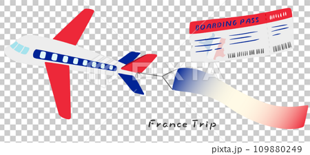 フランスをイメージした飛行機と空中看板とチケット、かわいいシンプルな手描きイラスト 109880249
