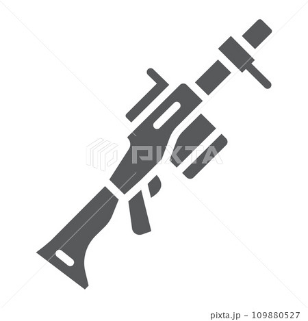 Grenade launcher glyph icon, weapon and rocket, bazooka sign, vector graphics, a solid pattern on a white background. Grenade launcher glyph icon, weapon and rocket, bazooka sign, vector graphics, a solid pattern on a white background. 109880527