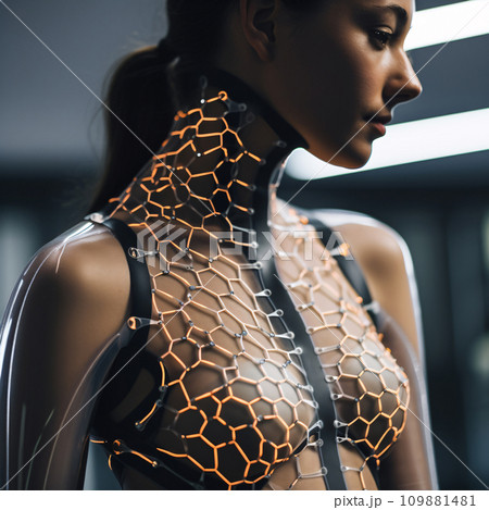 Sustainable fashion with flexible batteries and smart textiles. Flexible battery power in clothing industry. Wearable technology. Wearable innovation. A model wearing futuristic outfit. Generative AI. 109881481