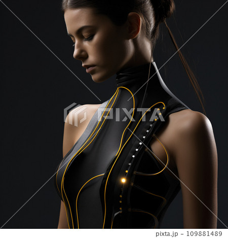 Sustainable fashion with flexible batteries and smart textiles. Flexible battery power in clothing industry. Wearable technology. Wearable innovation. A model wearing futuristic outfit. Generative AI. 109881489