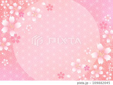 桜と和柄の円フレーム背景　麻の葉文様 109882045