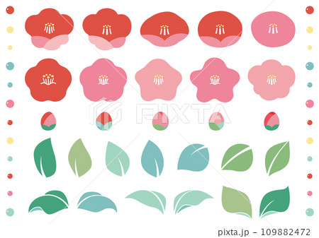 冬の風物詩、シンプルな椿の花と葉っぱのセット 109882472