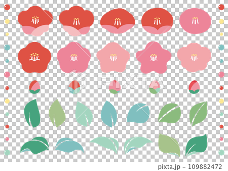 冬の風物詩、シンプルな椿の花と葉っぱのセット 109882472