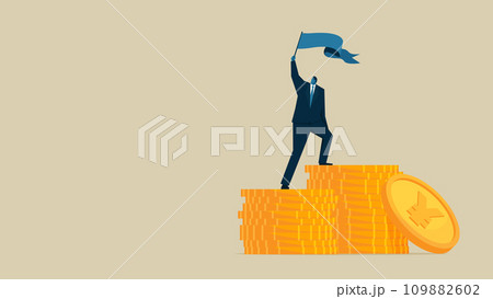 積み上げられた円硬貨の上で旗をふる男性 積み上げられた円硬貨の上で旗をふる男性 109882602