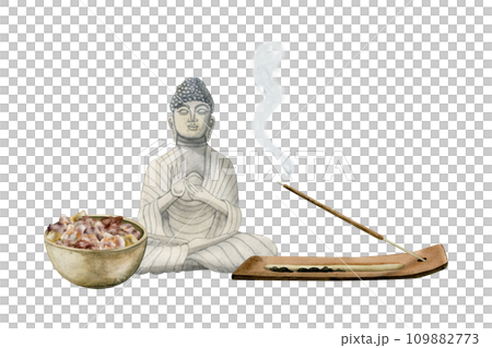 Buddha figurine with mineral salt bowl and burning aroma stick in wooden stand watercolor illustration isolated on white background for spa, relaxation, meditation, wellness design Buddha figurine with mineral salt bowl and burning aroma stick in wooden stand watercolor illustration isolated on white background for spa, relaxation, meditation, wellness design 109882773