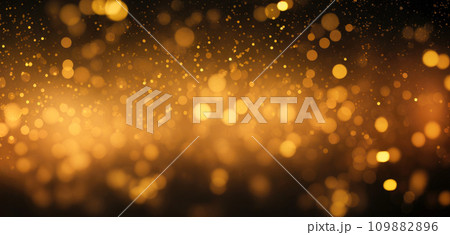 golden particles and sprinkles for holiday. shiny golden lights. Defocused Golden Particles Glittery against Dark Background with Copy Space. Christmas Overlay 109882896
