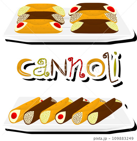 Illustration on theme big set different types sweet waffles Sicilian dessert cannoli Illustration on theme big set different types sweet waffles Sicilian dessert cannoli 109883249