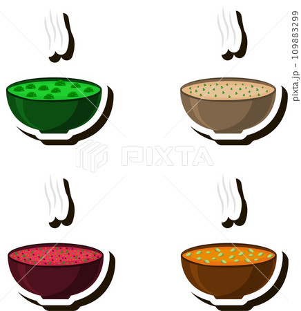 Illustration on theme big set various types beautiful tasty edible hot homemade soups Illustration on theme big set various types beautiful tasty edible hot homemade soups 109883299
