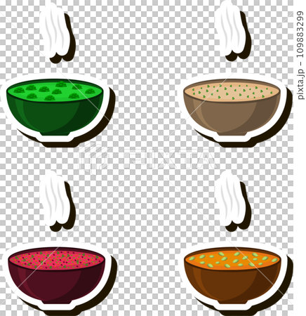 Illustration on theme big set various types beautiful tasty edible hot homemade soups Illustration on theme big set various types beautiful tasty edible hot homemade soups 109883299