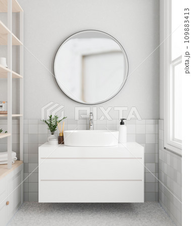 A modern white bathroom with a circle mirror on the white wall, a modern white bathroom sanity sink. A modern white bathroom with a circle mirror on the white wall, a modern white bathroom sanity sink. 109883413