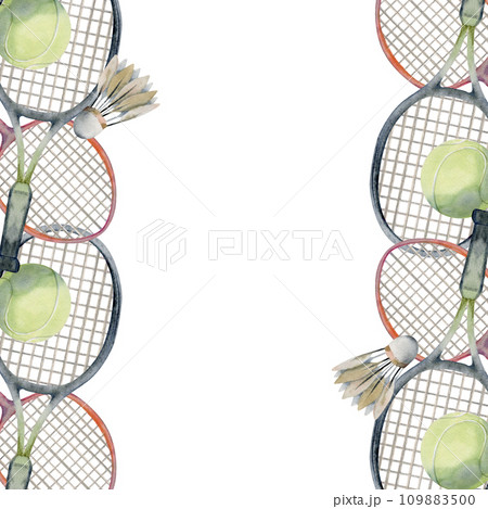 Hand drawn watercolor sports gear equipment, tennis badminton ball, racquet, health fitness lifestyle. Illustration isolated border frame on white background. Design poster, print, website, card, shop Hand drawn watercolor sports gear equipment, tennis badminton ball, racquet, health fitness lifestyle. Illustration isolated border frame on white background. Design poster, print, website, card, shop 109883500