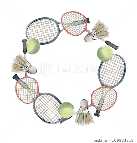 Hand drawn watercolor sports gear equipment, tennis badminton ball, racquet, health fitness lifestyle. Illustration isolated wreath frame on white background. Design poster, print, website, card, shop Hand drawn watercolor sports gear equipment, tennis badminton ball, racquet, health fitness lifestyle. Illustration isolated wreath frame on white background. Design poster, print, website, card, shop 109883519