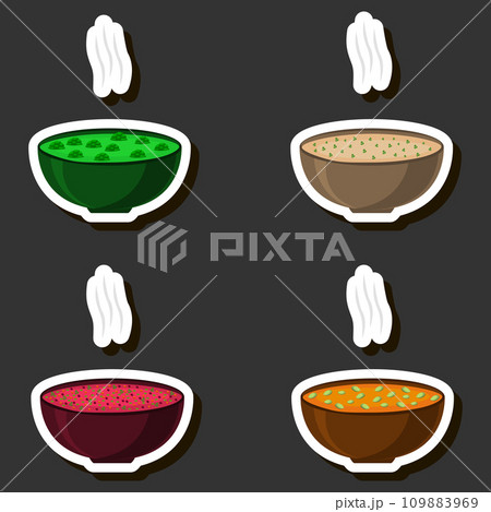 Illustration on theme big set various types beautiful tasty edible hot homemade soups 109883969