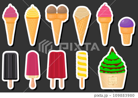 Illustration on theme big kit ice cream popsicle different types in cone waffle cup Illustration on theme big kit ice cream popsicle different types in cone waffle cup 109883980