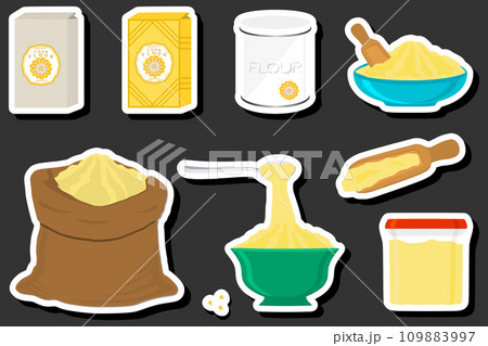 Illustration on theme big set different types dishware filled corn flour Illustration on theme big set different types dishware filled corn flour 109883997