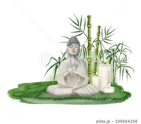 Meditating Buddha sitting on green grass with burning candles in bamboo watercolor illustration isolated on white background. Meditation clipart for yoga, spa and Buddhism designs 109884208