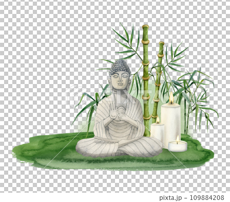 Meditating Buddha sitting on green grass with burning candles in bamboo watercolor illustration isolated on white background. Meditation clipart for yoga, spa and Buddhism designs 109884208