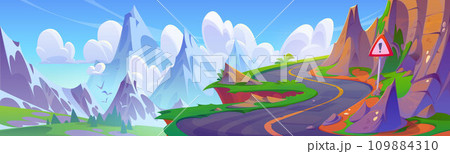 Winding mountain road with warning sign 109884310
