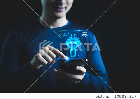 Businessman use smartphone chat Ai smart robot, Artificial intelligence digital technology, Chatbot chat of Customers acres information online internet network, Futuristic technology transformation. Businessman use smartphone chat Ai smart robot, Artificial intelligence digital technology, Chatbot chat of Customers acres information online internet network, Futuristic technology transformation. 109884317
