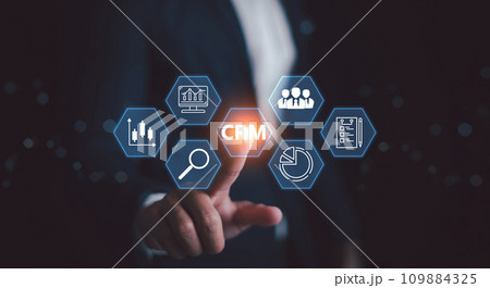 CRM. Customer Relationship Management, Businessman or client show global structure customer network technology, Data exchanges development, Customer service, Digital marketing online, Social media, HR CRM. Customer Relationship Management, Businessman or client show global structure customer network technology, Data exchanges development, Customer service, Digital marketing online, Social media, HR 109884325