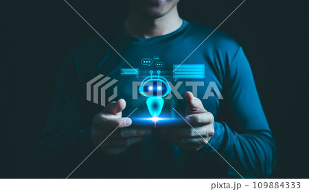 Businessman use smartphone chat Ai smart robot, Artificial intelligence digital technology, Chatbot chat of Customers acres information online internet network, Futuristic technology transformation. 109884333