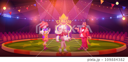 Circus stage with artists inviting to performance 109884382