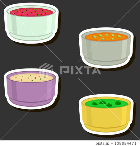 Illustration on theme big set various types beautiful tasty edible hot homemade soups 109884471