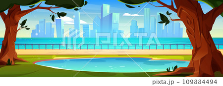 Cartoon city landscape with river and city park 109884494