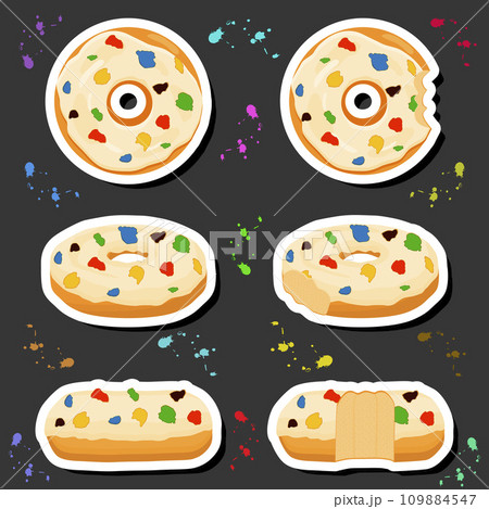 Illustration on theme big set different types sticky donuts, sweet doughnuts various size 109884547