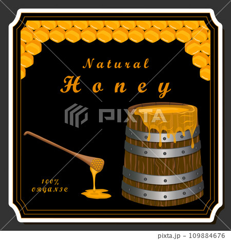 Drop of bee honey drip from hexagonal honeycombs filled with golden nectar 109884676