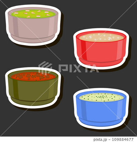 Illustration on theme big set various types beautiful tasty edible hot homemade soups 109884677
