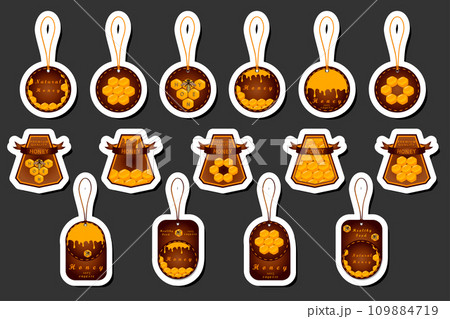 Illustration on theme for label of sugary flowing down honey in honeycomb with bee 109884719