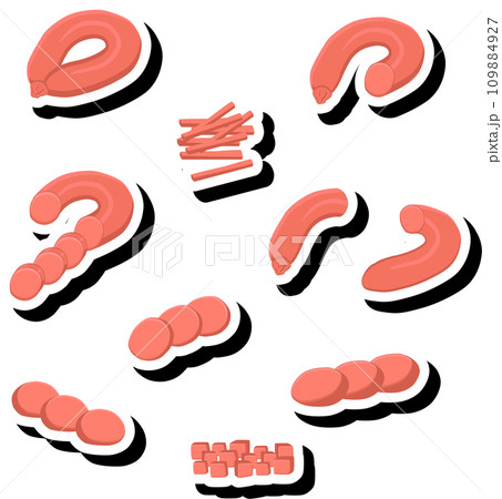 Illustration on theme big set different types delicatessen meat sausages 109884927