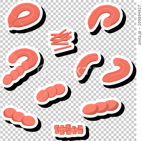 Illustration on theme big set different types delicatessen meat sausages 109884927