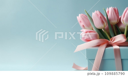 pink box with pink tulips on the blue background pink tulips pink box with pink tulips on the blue background pink tulips 109885790