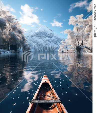 kayak on loch ness lake, snowy and icy, winter scenery 109885792