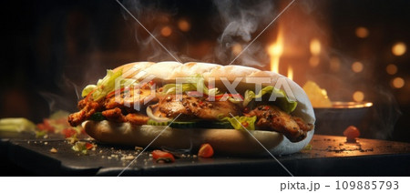 hot spicy vegetarian shawarma sandwich with smoke 109885793