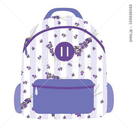 Pink backpack with banana print cartoon style. Flat Vector Accessory illustration. Kids or Girls school bag for Studying, Travelling. Design element for Decoration, Template, Sticker pack. 109886088