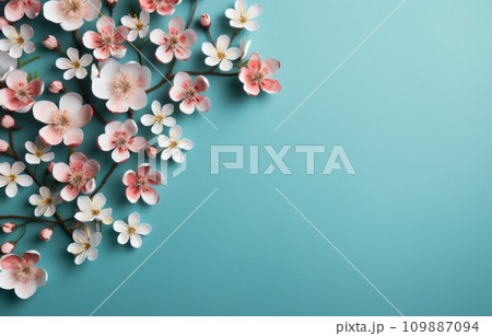 flowers arranged on a blue background with hearts placed on them 109887094