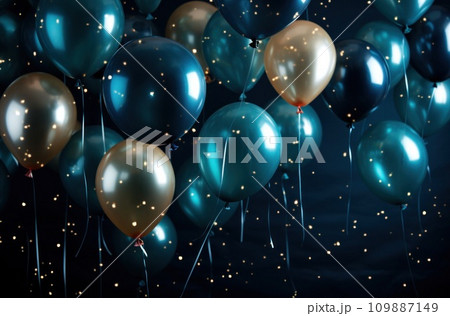many blue balloons floating near dark background 109887149