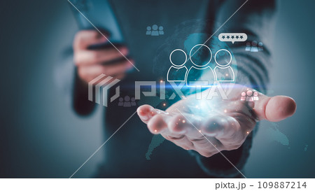 Hand man hold global structure customer network technology, Customer Relationship Management, customer service, social media. digital marketing online, Data exchanges development. 109887214