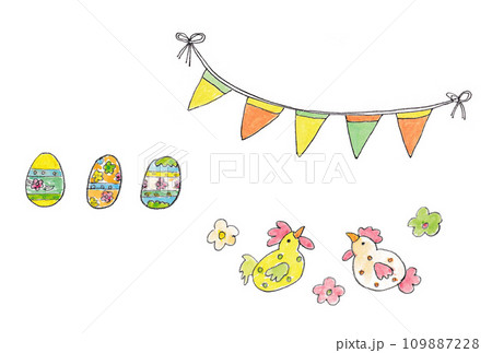 透明水彩絵の具で描いた鳥とイースターエッグと三角フラッグのイラストセット 109887228