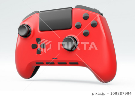 Realistic red video game joystick or gamepad on white background. 3D rendering of streaming gear for cloud gaming and gamer workspace concept Realistic red video game joystick or gamepad on white background. 3D rendering of streaming gear for cloud gaming and gamer workspace concept 109887994