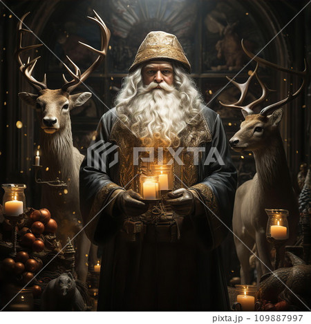 AI-generated content. Fabulous old man with gray beard with candle with deer 109887997