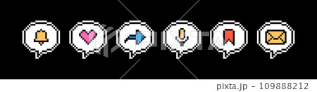 Pixel art speech bubble stickers. Used for social networks, instant messengers and podcasts. 8 bit vector illustration on black background. Pixel art speech bubble stickers. Used for social networks, instant messengers and podcasts. 8 bit vector illustration on black background. 109888212