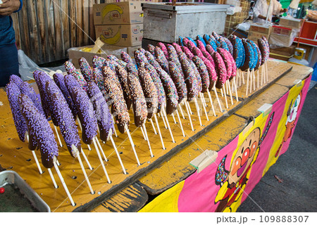 お祭りなどのイベントの時にだけ出店される、様々な食べ物やおもちゃの屋台 お祭りなどのイベントの時にだけ出店される、様々な食べ物やおもちゃの屋台 109888307