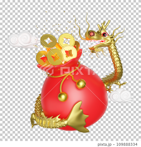 Chinese gold coins in bag with dragon, cloud. chinese new year 2024 capricorn. 3d render illustration 109888334