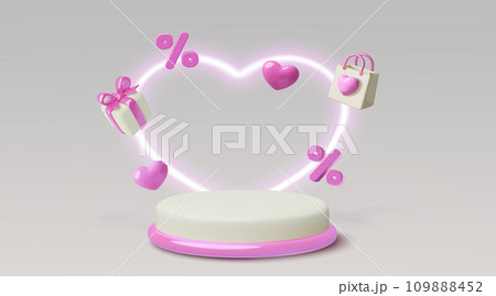 Realistic vector podium with neon heart and flying pink 3D objects. Romantic sale and discount scene 109888452
